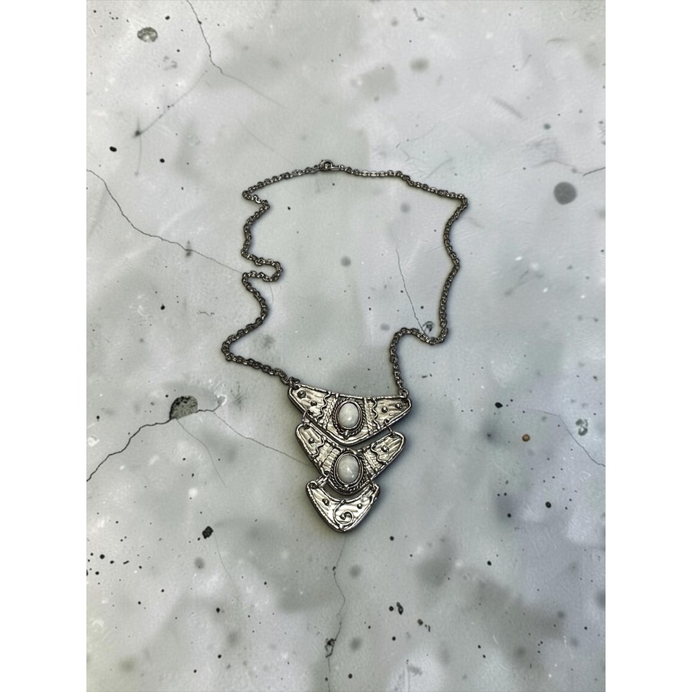 Tiered Pendant Necklace 30" Silver Tone Boho Chevron Stone